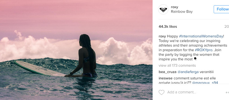 Roxy celebrate International Women's Day with a tagging call to action.