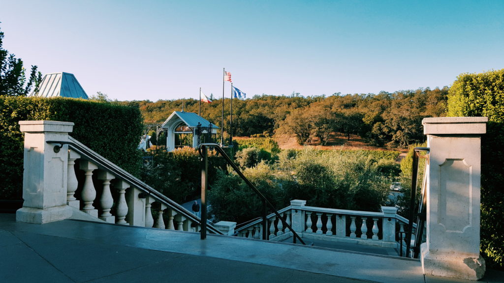 View from the entrance stairs at the Francis Ford Coppola Winery in Geyserville, California.