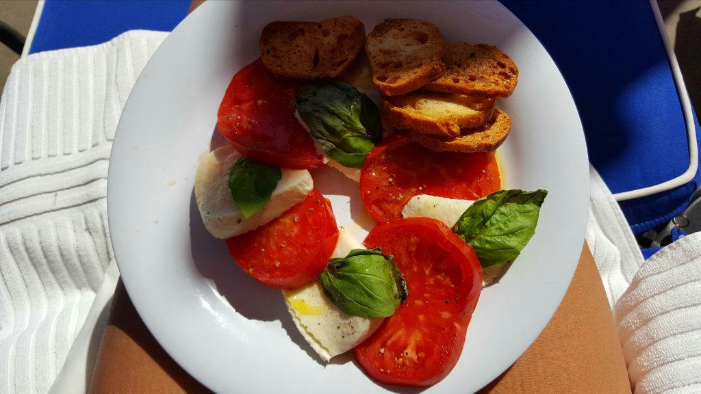 The caprese salad enjoyed poolside at the Francis Ford Coppola Winery in Geyserville, California.