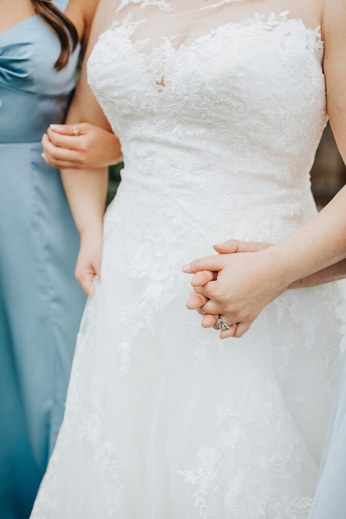 An illusion wedding dress worn on a wedding day.