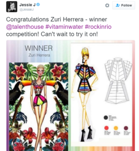 A tweet from Jessie J congratulating fashion designer Zuri Herrera on winning her vitaminwater contest with Talenthouse. The winning design was constructed into a playsuit and worn by Jessie at Rock in Rio 2013.