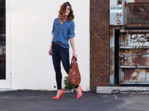 Deniz Selin from Le Fashion Monster in a Sears Simply Styled chambray button-down top.